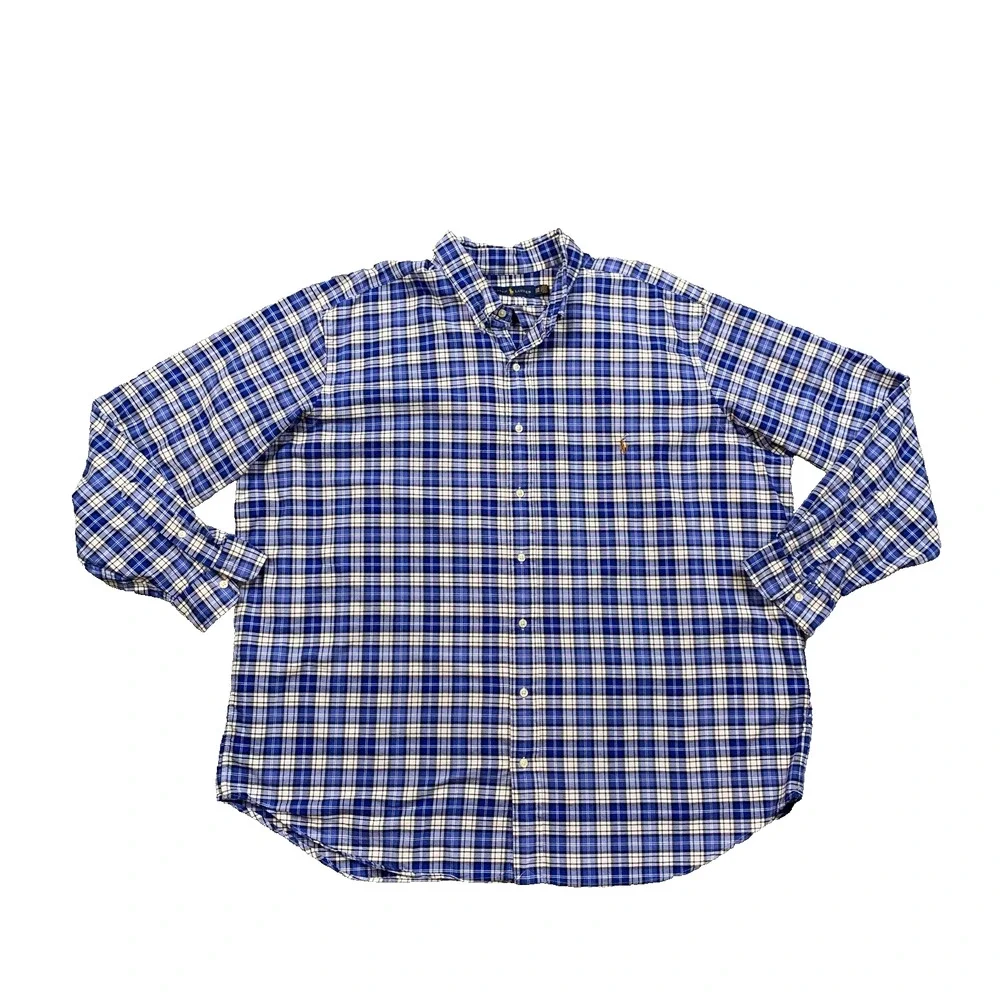 Ralph Lauren Shirt Mens 2XB Big Blue White Plaid Long Sleeve Button Down Cotton